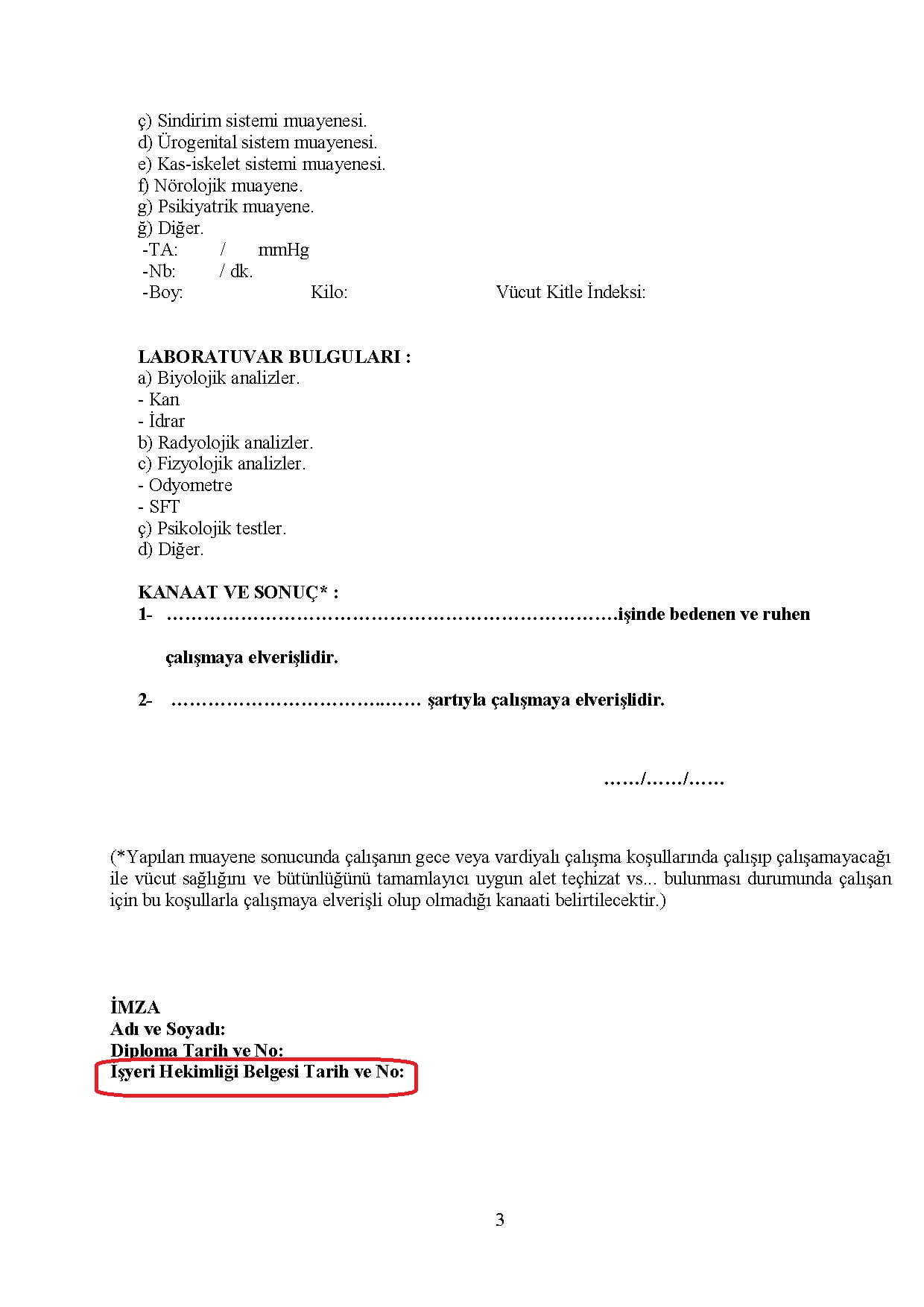 İşe Giriş Periyodik Muayene Formu EK-2 örneği sayfa 3