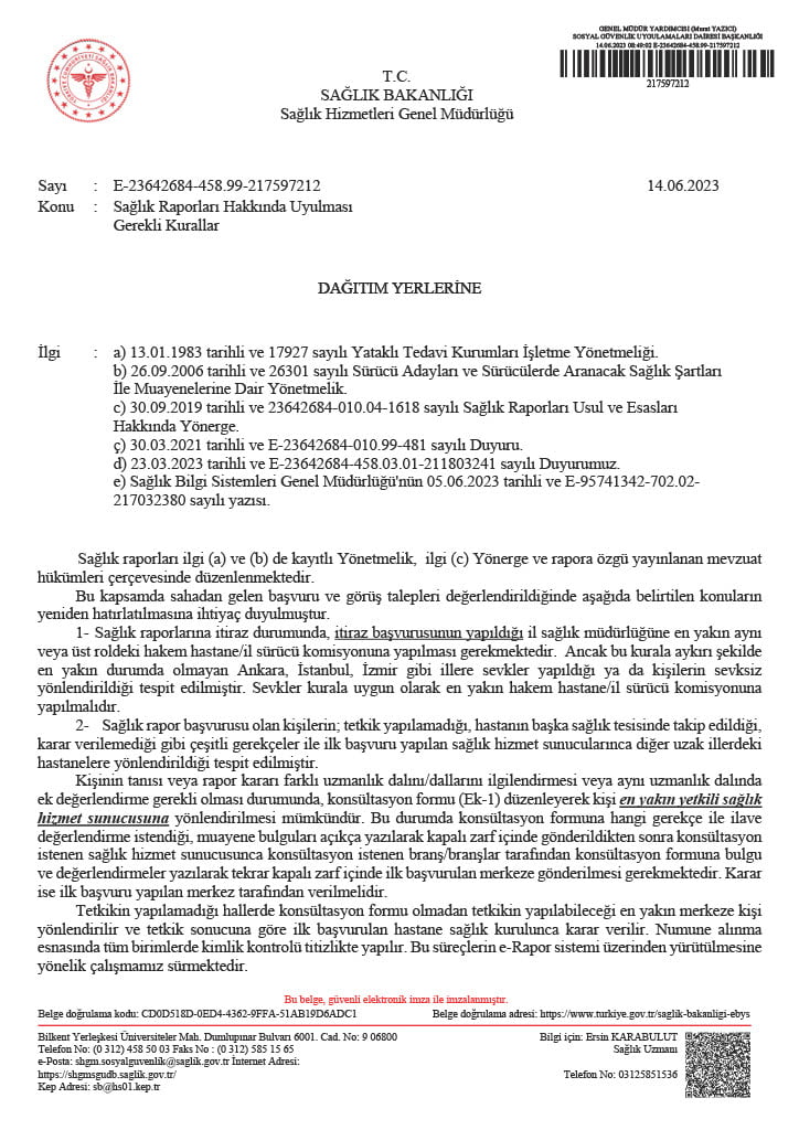 Sağlık Bakanlığı 4/06/2023 tarih ve E-23642684-458.99-217597212 sayılı “Sağlık Raporları Hakkında Uyulması Gerekli Kurallar” konulu yazısı - 1